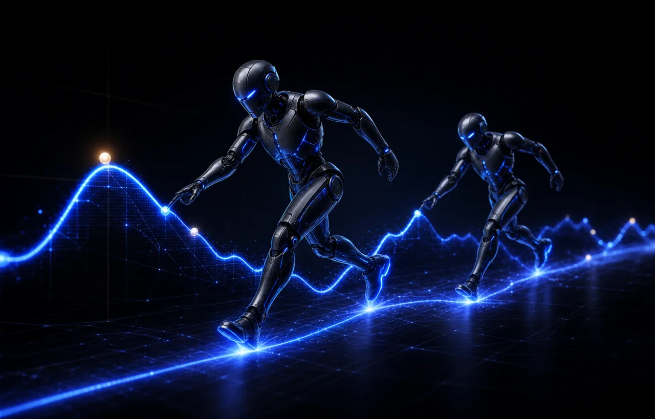 Two autonomous robots tracing the same luminous market path